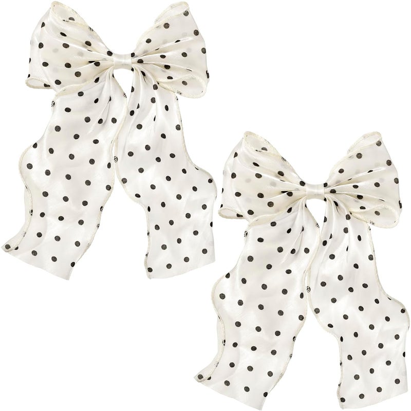 STSTR 2Pcs Large Hair Bow Clips, Silk Yarn Ribbon Bow Hair Barrette for Women, Elegant Long Tail Bowknot French Hair Accessories for Wedding, Parties, Festivals (White Bow Black Dots) - Image 1